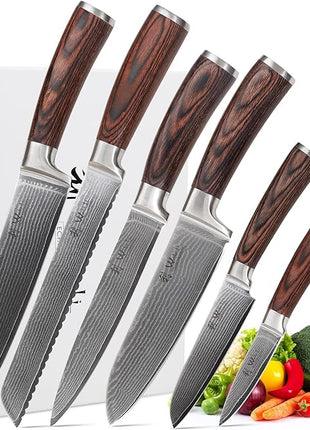 Wakoli EDIB 6-Piece Damascus Knife Set – Professional Chef Knives Set with VG10 Core Blades, 67-Layer Damascus Steel and Ergonomic Pakkawood Handles – Premium Kitchen Knives in Wooden Gift Box