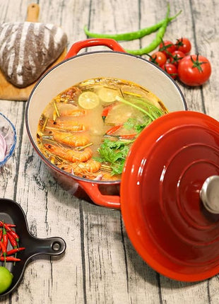 Puricon 5.5 Quart Enameled Cast Iron Dutch Oven with Lid, 5.5 QT Deep Round Dutch Oven Pot with Dual Handles -Red