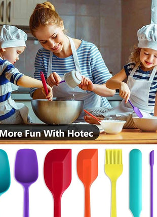 HOTEC BPA Free Heat Resistant Silicone Spatula Set Kitchen Utensils for Baking Cooking Mixing Non Stick Cookware Food Grade Dishwasher Safe (Multi-Color) Set of 9