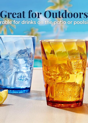 US Acrylic Optix Plastic Reusable Drinking Glasses (Set of 8) 14oz Rocks Cups in Jewel Tone Colors | BPA-Free Tumblers, Made in USA | Top-Rack Dishwasher Safe