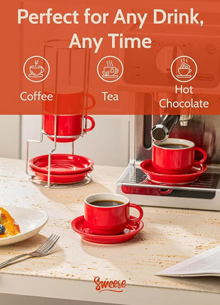 Sweese 8 Ounce Porcelain Stackable Cappuccino Cups with Saucers and Metal Stand - for Specialty Coffee Drinks, Cappuccino, Latte, Americano and Tea - Set of 4, Red