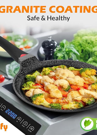 Non Stick 11 Inch Granite Coated Crepe Pan - Lightweight 4.27 Quart Dosa Pan with Comfort Stay Cool Grip Handle - Induction Compatible PFOA Free Tortilla Cookware (Black)