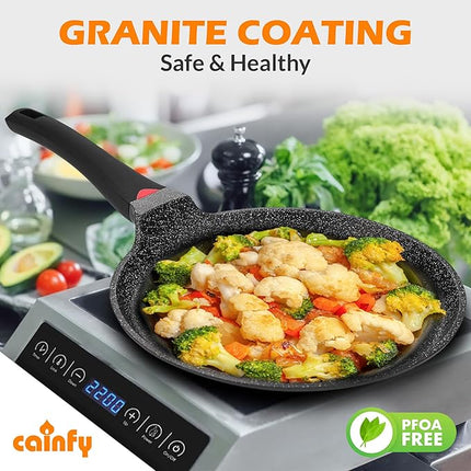 Non Stick 11 Inch Granite Coated Crepe Pan - Lightweight 4.27 Quart Dosa Pan with Comfort Stay Cool Grip Handle - Induction Compatible PFOA Free Tortilla Cookware (Black)
