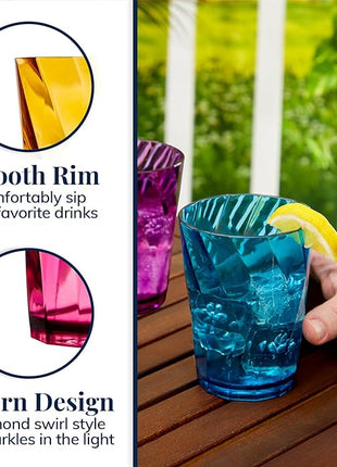 US Acrylic Optix Plastic Reusable Drinking Glasses (Set of 8) 14oz Rocks Cups in Jewel Tone Colors | BPA-Free Tumblers, Made in USA | Top-Rack Dishwasher Safe