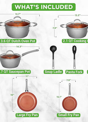 NutriChef 11 Pc Nonstick Cookware - PTFE/PFOA/PFOS Free Kitchenware Pots & Pans Set with Saucepan, Frying Pans, Cooking Pots, Lids, Utensils, Gray