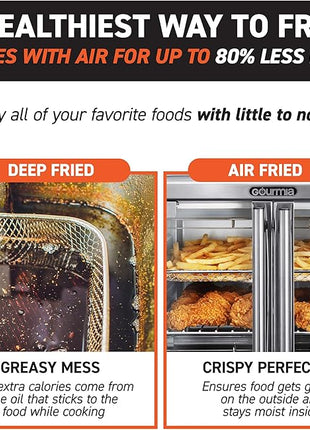 Gourmia Toaster Oven Air Fryer Combo 17 cooking presets 1700W french door digital air fryer oven 24L capacity accessories, convection rack, baking pan tray recipe book GTF7655,Large,Stainless Steel