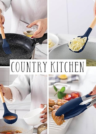 Country Kitchen Non Stick Silicone Utensil Set with Rounded Wood Handles for Cooking and Baking, 14 Piece Set, Navy