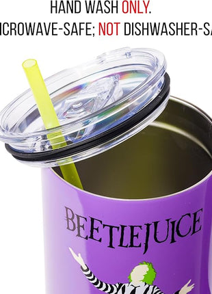 Silver Buffalo Tim Burton Beetlejuice Stainless Steel Tumbler with Handle and Straw, Fits in Standard Cup Holder, 40 Ounces
