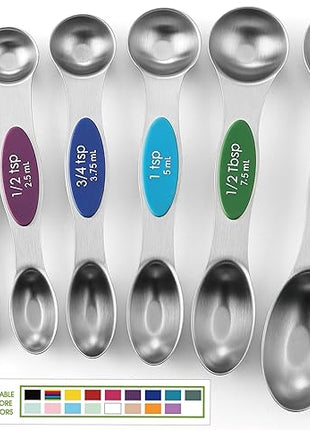 Spring Chef Stainless Steel Magnetic Measuring Spoons Set with Strong Magnets, Heavy Duty Metal Kitchen Essentials - Fits in Most Kitchen Spice Jars, Multicolor, Set of 8 with Leveler