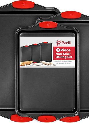 PERLLI Non-Stick 3-Piece Baking Pan Set, BPA-Free Carbon Steel Bakeware Set with Silicone Handles, Stackable Kitchen Oven Set, Cookie Sheet, Baking Tray, Baking Sheet Set, Oven Safe (446°F)