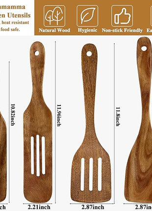 Wooden Spatula, Heat Resistant Cooking Wood Spatulas Spurtles for Non Stick Cookware Kitchen Use, Handmade Non Toxic Teak Wooden Cooking Utensil Spurtle Set for Cast Iron Baking Flipping, 4 Piece