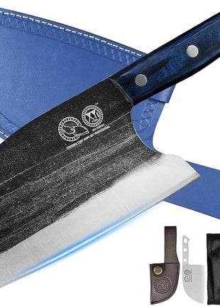 XYJ Authentic Since 1986,Ancient Forged Butcher Knives,Serbian Chef Knife With Sheath,Tiny Knife,Chinese Vegetable Meat Cleaver For Kitchen Camping Outdoor,Full Tang,High Carbon Steel (8 inch)