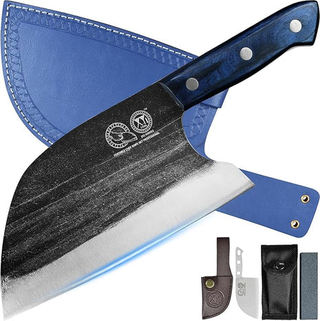 XYJ Authentic Since 1986,Ancient Forged Butcher Knives,Serbian Chef Knife With Sheath,Tiny Knife,Chinese Vegetable Meat Cleaver For Kitchen Camping Outdoor,Full Tang,High Carbon Steel (8 inch)