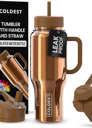 Coldest Tumbler with Handle and Straw - 100% Spill Proof Tumbler with Straw (3 Lids) - Stainless Steel Insulated Leakproof Tumblers for Women & Men - 36 oz (Gold Reflections)