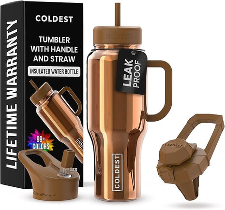 Coldest Tumbler with Handle and Straw - 100% Spill Proof Tumbler with Straw (3 Lids) - Stainless Steel Insulated Leakproof Tumblers for Women & Men - 36 oz (Gold Reflections)
