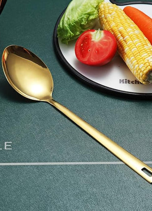 Berglander Gold Cooking Spoon, Stainless Steel Solid Serving Spoon Titanium Gold Plating, Basting Kitchen Spoon For Cooking, Dishwasher Safe, Easy to Clean