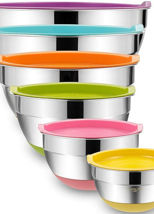 Umite Chef Mixing Bowls with Airtight Lids, 6 Piece Stainless Steel Metal Bowls, Measurement Marks & Colorful Non-Slip Bottoms Size 7, 3.5, 2.5, 2.0,1.5, 1QT, Great for Mixing & Serving