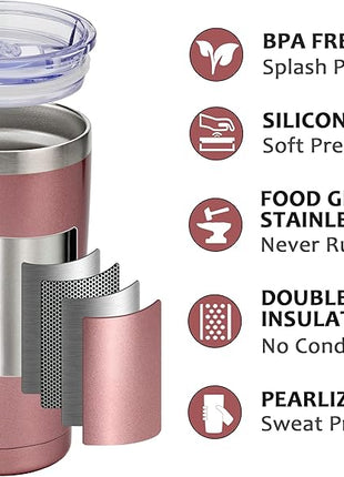 SUNWILL Travel Coffee Tumbler 20 oz, Insulated Mug with Lid, Stainless Steel Cup for Hot and Cold Drinks, Rose Gold