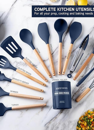 Country Kitchen Non Stick Silicone Utensil Set with Rounded Wood Handles for Cooking and Baking, 14 Piece Set, Navy