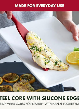 GreenPan Silicone Fish Turner Spatula, Slotted Cooking Kitchen Utensil, Flexible Rubber Nonstick Cookware, Rigid Steel Core, Heat-Resistant, Anti-Slip Handle, BPA-Free, Dishwasher Safe, Red