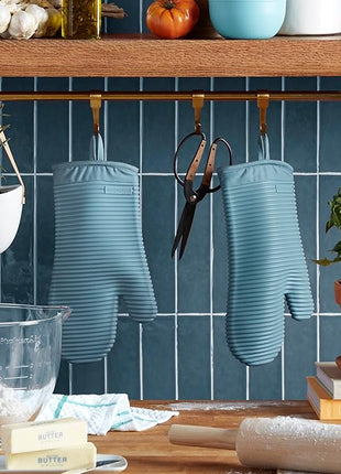 KITCHENAID Ribbed Soft Silicone Oven Mitt 2-Pack Set, 7.5"x13", Fog Blue