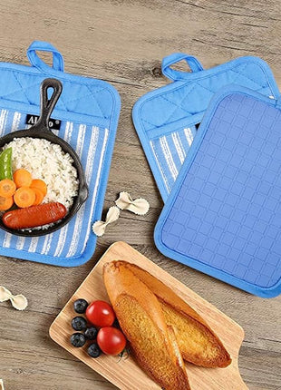 Silicone Pot Holders Set of 3 Heat Resistant & Non Slip Potholders, Professional Oven Hot Pads with Pockets Mitts for Kitchen Cooking Baking Barbecue (3, Blue)