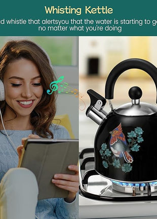 ARC Stainless Steel Whistling Tea Kettle for Stovetop, Magic Color Changing Design Teapot for Stovetop, 2 Quart Black Tea Kettle with Silicone Trivet Mat for Heat Resistant & Folding Cup