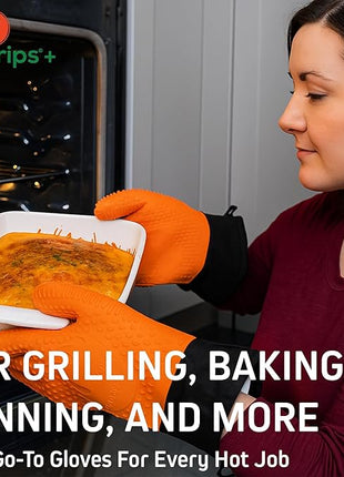 Ekogrips+ Premium Silicone Oven Mitts - Comfy, Waterproof, Heat Resistant BBQ Gloves for Grilling, Long Cuff for Added Protection, 5 Finger Dexterity, 3 Sizes, 4 Colors, S/M, Orange