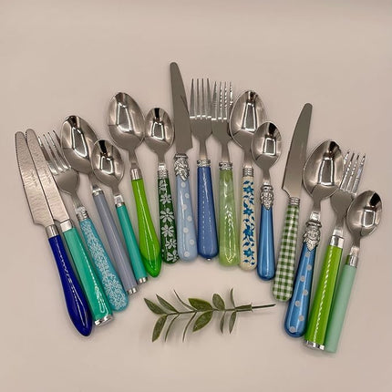 The Original Brink House Eclectic Blue Green Mix & Match Stainless Steel Cutlery Set / 16 pieces with Metal Stand/Lifestyle utensils set for home, first apartment, dorm, dinner parties