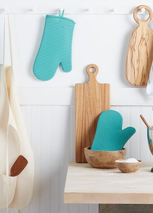 KITCHENAID Ribbed Soft Silicone Oven Mitt 2-Pack Set, 7.5"x13", Aqua Sky