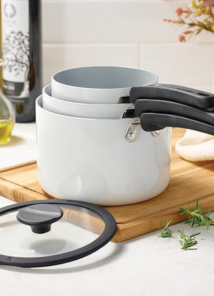 Tramontina Ceramic Non Stick 6-Piece Nesting Sauce Pan Set with Lids - Stackable Nonstick Cookware Set, Dishwasher and Oven Safe, White