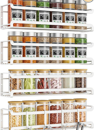 Spice Rack wall mounted 4 Pack, Space-Saving Spice Organizer for Spice Jars and Seasonings,Screw or Adhesive Hanging Spice Rack Organizer for Your Kitchen Cabinet,or Pantry Door,White