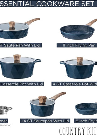 Country Kitchen Non-Stick Cast Aluminum Cookware Set - Durable Kitchen Cookware for Everyday Cooking, Navy Diamond, 11 Pc.
