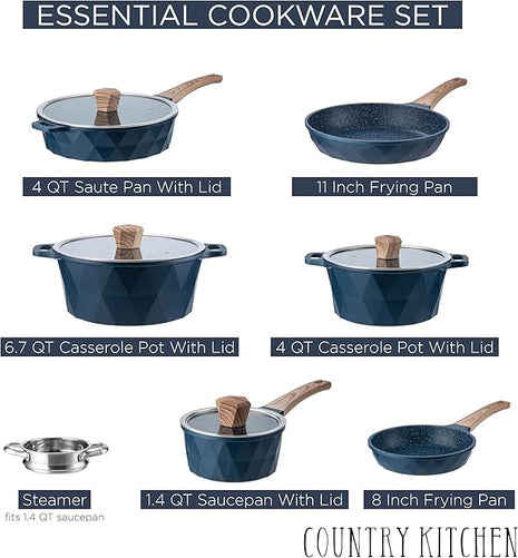 Country Kitchen Non-Stick Cast Aluminum Cookware Set - Durable Kitchen Cookware for Everyday Cooking, Navy Diamond, 11 Pc.