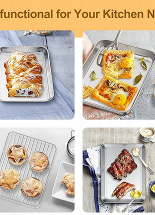 TeamFar Toaster Oven Tray and Rack Set, 9.3’’ x 7’’ x 1’’, Stainless Steel Toaster Oven Pan Broiler Pan, Non Toxic & Healthy, Easy Clean & Dishwasher Safe