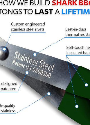 Shark BBQ Grill Tongs - 17 inch (Green). Professional steak grilling utensil. Long-reach Barbeque Tong. Ideal for steak, fish, burger, and sausage