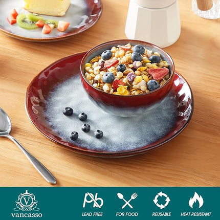 vancasso Starry Dinnerware Set for 4, Handmade Reactive Glaze Stoneware 12 Pieces Plates and Bowls Sets, Dishwasher and Microwave Safe Dish Set, Red