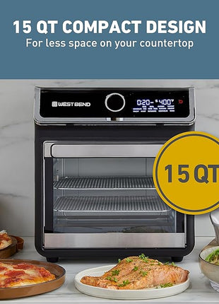 West Bend Air Fryer Oven 15-Quart Capacity with Digital Controls Easy-View Door and 16 Cooking Presets, Includes Eight Cooking Accessories, 1000-Watts, Black
