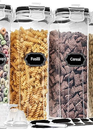 PRAKI Cereal Containers Storage Set (4L,135.2 Oz), 4PCS Airtight Food Storage Containers with Pour Spout for Kitchen & Pantry Organization Cereal Dispensers with 20 labels, Measuring Cup & Marker