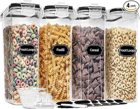 PRAKI Cereal Containers Storage Set (4L,135.2 Oz), 4PCS Airtight Food Storage Containers with Pour Spout for Kitchen & Pantry Organization Cereal Dispensers with 20 labels, Measuring Cup & Marker