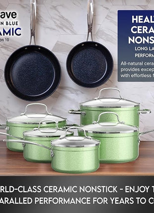 Nuwave Healthy Duralon Blue Ceramic Nonstick Cookware Set, Diamond Infused Scratch-Resistant, PFAS Free, Dishwasher & Oven Safe, Induction Ready & Evenly Heats, Tempered Glass Lids & Stay-Cool Handles