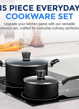 SereneLife Kitchenware Pots & Pans Basic Kitchen Cookware, Black Non-Stick Coating Inside, Heat Resistant Lacquer (15-Piece Set), One Size