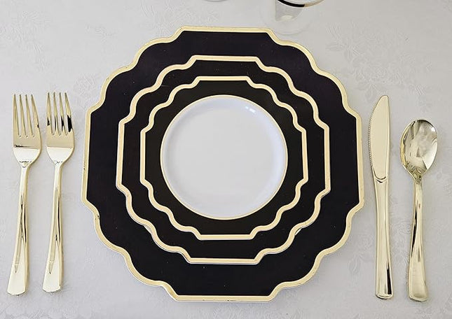 " OCCASIONS " 50 Plates Pack (25 Guests)-Heavyweight Wedding Party Disposable Plastic Plate Set -(25x10.5'' Dinner + 25x8'' Salad/dessert (Imperial in Black & Gold)