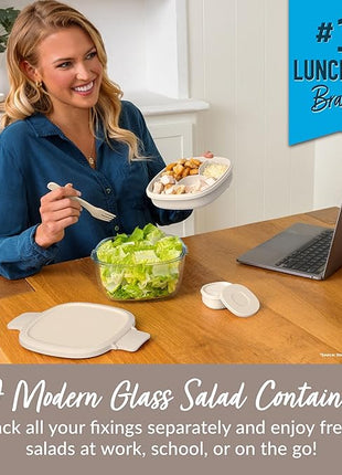 Bentgo Glass All-in-One Salad Container - Large 61-oz Salad Bowl with Lid, 4-Compartment Bento-Style Tray, 3-oz Sauce Container, & Reusable Fork - Dishwasher, Microwave, & Oven Safe (White Stone Tan)