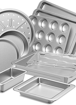 HONGBAKE Bakeware Sets, Baking Pans Set, Nonstick Oven Pan for Kitchen with Wider Grips, 10-Piece Including Rack, Cookie Sheet, Cake Pans, Loaf Pan, Muffin Pan, Pizza Pan - Sliver