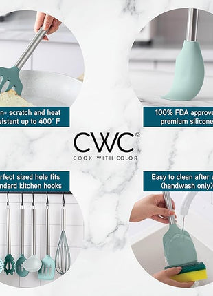 COOK WITH COLOR Silicone Cooking Utensils, Kitchen Utensil Set, Easy to Clean Silicone Kitchen Utensils, Cooking Utensils for Nonstick Cookware, Kitchen Gadgets Set, 10 Pieces, Teal