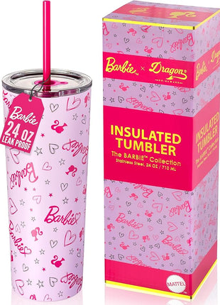 Dragon Glassware x Barbie Vacuum Insulated Tumbler with Lid and Straw - 24 oz Tumbler Cup with 2 Straws - Stainless Steel Tumbler with Straw for Water, Iced Tea - Travel Coffee Tumbler - Love Out Loud