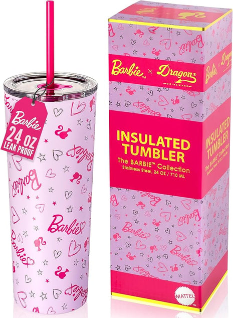 Dragon Glassware x Barbie Vacuum Insulated Tumbler with Lid and Straw - 24 oz Tumbler Cup with 2 Straws - Stainless Steel Tumbler with Straw for Water, Iced Tea - Travel Coffee Tumbler - Love Out Loud