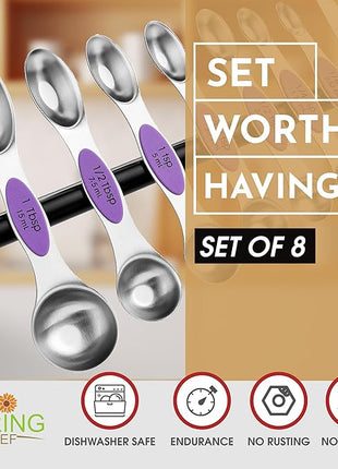 Spring Chef Stainless Steel Magnetic Measuring Spoons Set of 8 with Leveler, Nesting Metal Teaspoon & Tablespoon Measuring Spoons for Food, Heavy Duty Kitchen Gadgets for Baking & Cooking - Orchid