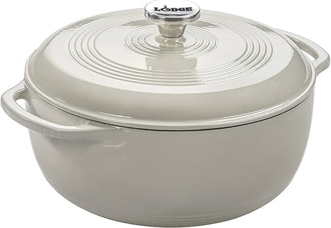 Lodge 3 Quart Enameled Cast Iron Dutch Oven with Lid – Dual Handles – Oven Safe up to 500° F or on Stovetop - Use to Marinate, Cook, Bake, Refrigerate and Serve – Oyster White